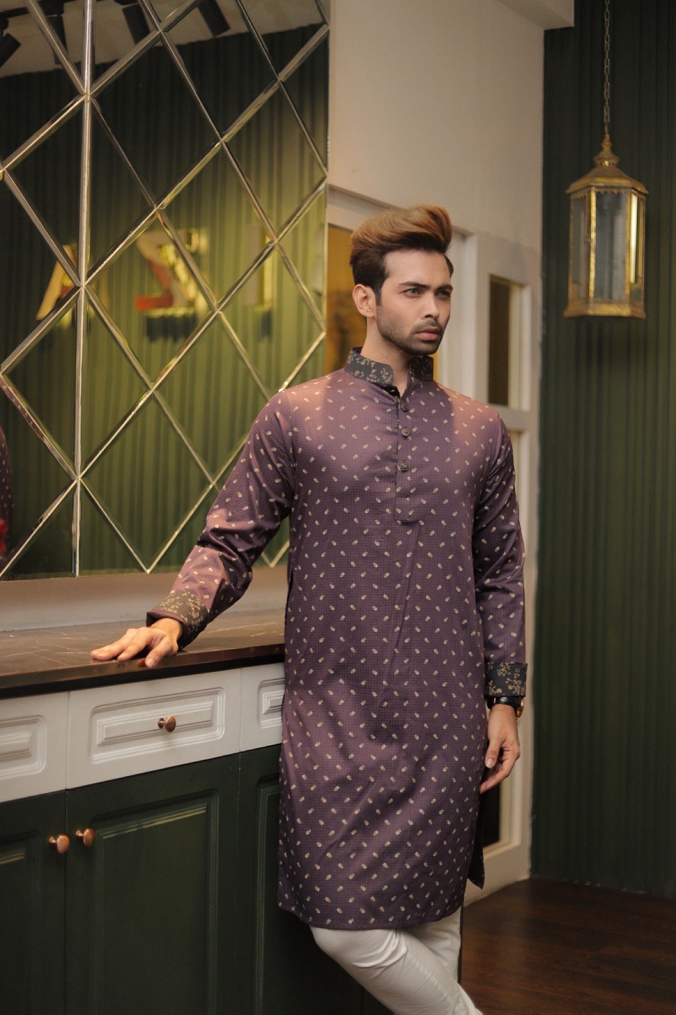 Experience best Desi Fashion with Premium Men's Panjabi. High Quality Delhi Cotton purple golden print luxurious traditional Bangladeshi garment stylish style exclusive deshi punjabi long mens dress eid ramadan bangla bangali bengali hindi indian wedding shadi cultural cloth cheapest price in Sydney Melbourne Australia