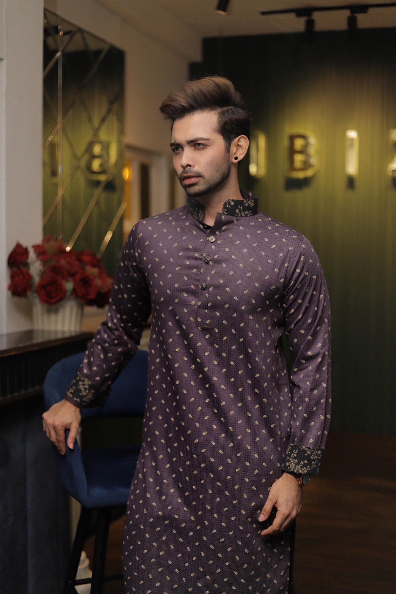 Experience best Desi Fashion with Premium Men's Panjabi. High Quality Delhi Cotton purple golden print luxurious traditional Bangladeshi garment stylish style exclusive deshi punjabi long mens dress eid ramadan bangla bangali bengali hindi indian wedding shadi cultural cloth cheapest price in Sydney Melbourne Australia