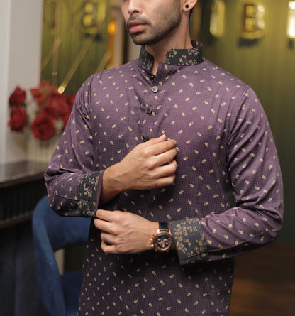 Experience best Desi Fashion with Premium Men's Panjabi. High Quality Delhi Cotton purple golden print luxurious traditional Bangladeshi garment stylish style exclusive deshi punjabi long mens dress eid ramadan bangla bangali bengali hindi indian wedding shadi cultural cloth cheapest price in Sydney Melbourne Australia