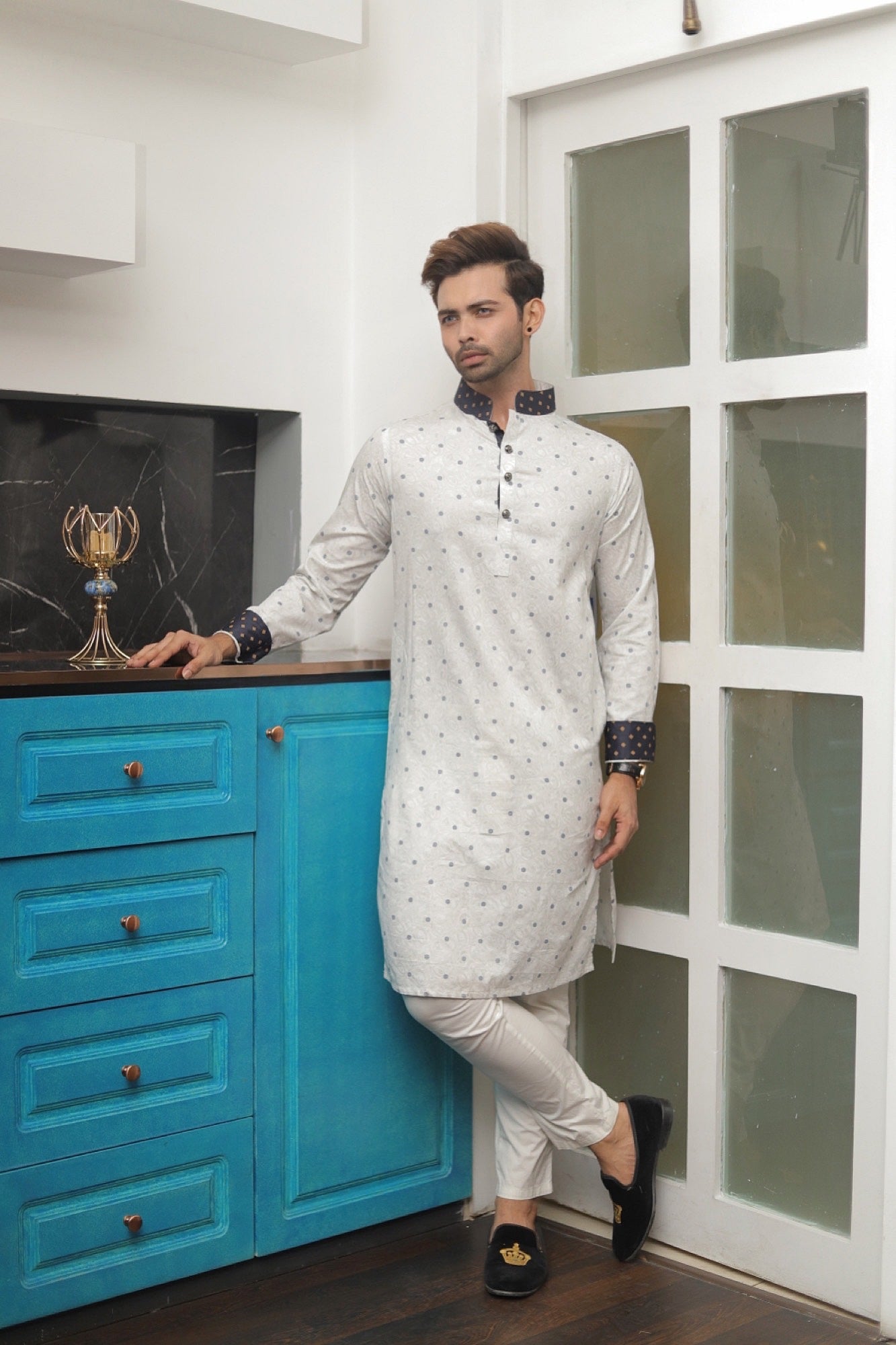 Experience best Desi Fashion with Premium Men's Panjabi. High Quality Delhi Cotton white blue diamond luxurious traditional Bangladeshi garment stylish style exclusive deshi punjabi long mens dress eid ramadan bangla bangali bengali hindi indian wedding shadi cultural cloth cheapest price in Sydney Melbourne Australia