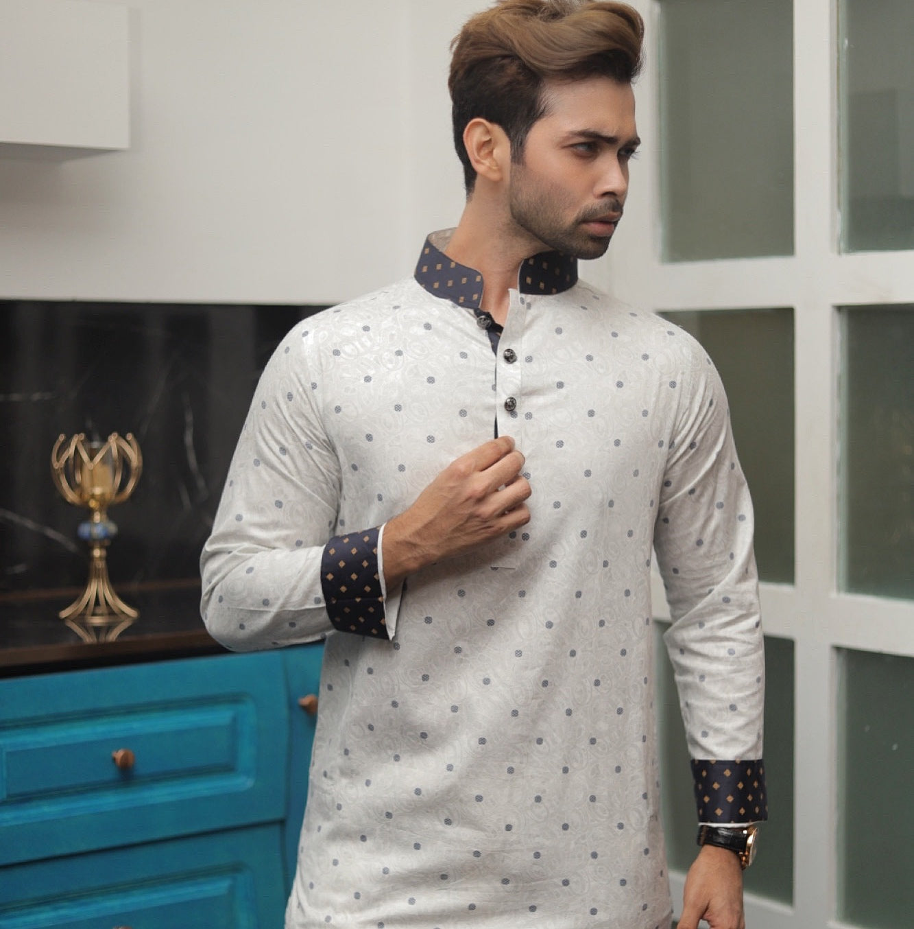 Experience best Desi Fashion with Premium Men's Panjabi. High Quality Delhi Cotton white blue diamond luxurious traditional Bangladeshi garment stylish style exclusive deshi punjabi long mens dress eid ramadan bangla bangali bengali hindi indian wedding shadi cultural cloth cheapest price in Sydney Melbourne Australia